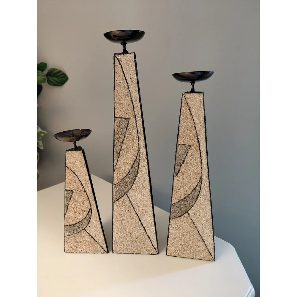 Art Deco Trio Candle Holders Pyramid Shape Pebbled